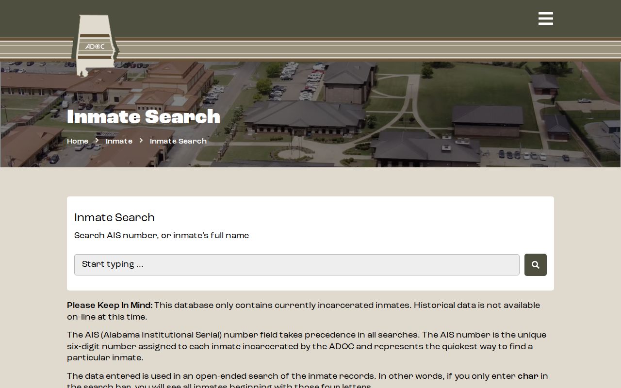 Alabama Department of Corrections inmate search screen