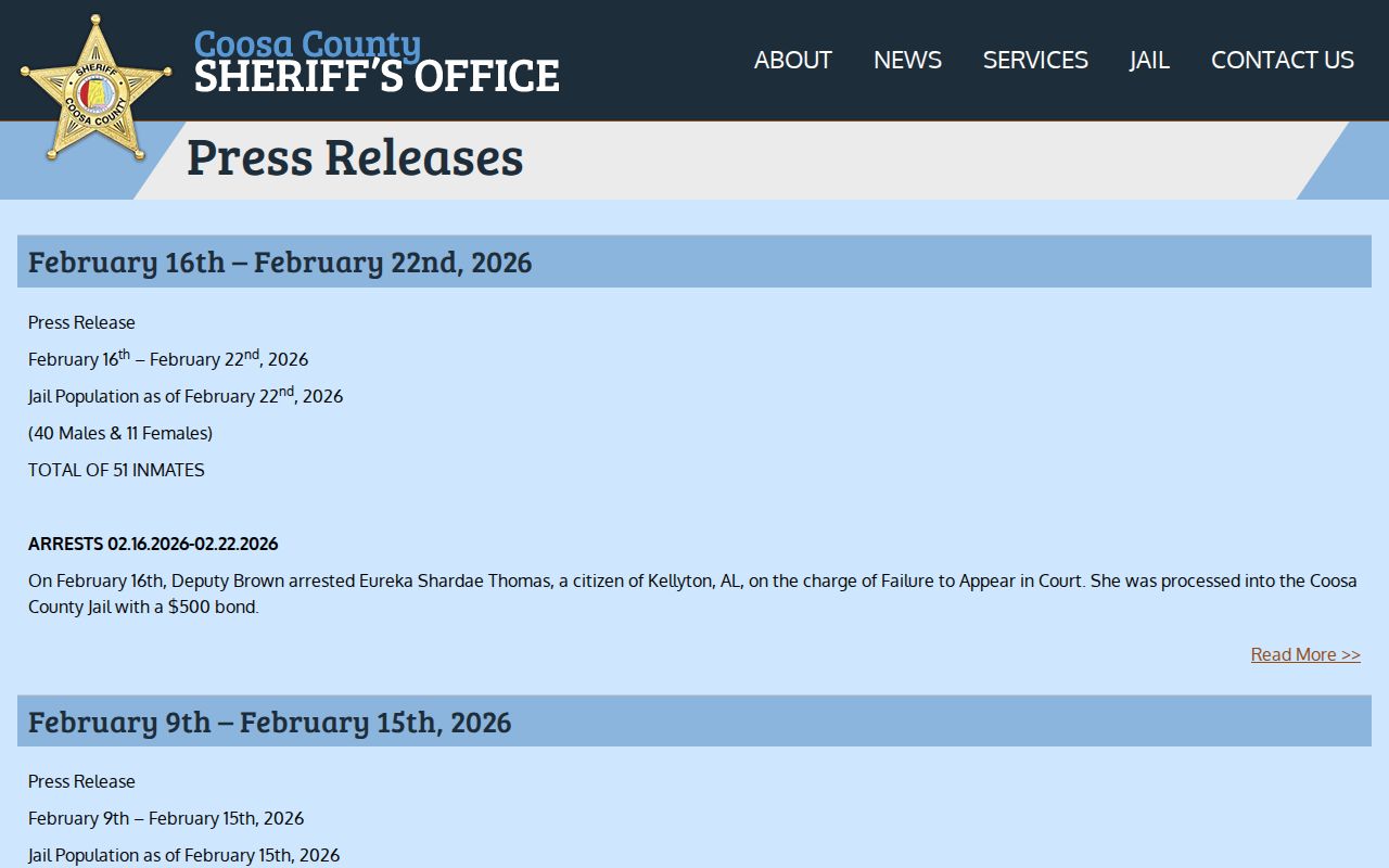 Coosa County Sheriff press releases weekly arrest summaries