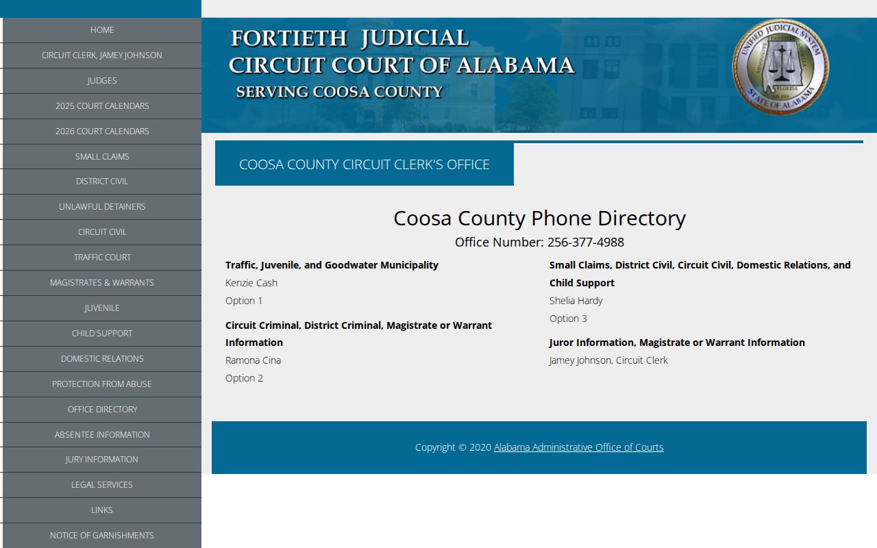 Coosa County Circuit Clerk office directory page