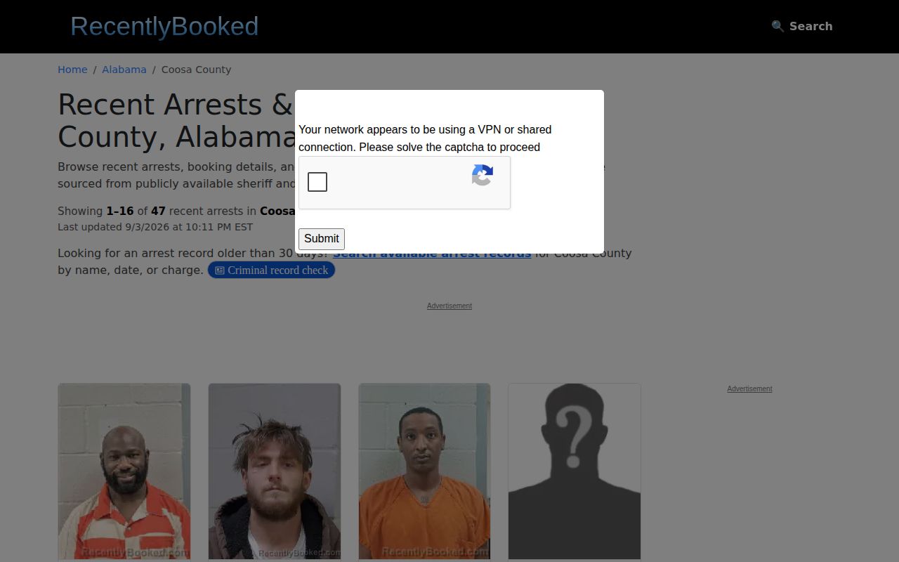 Unofficial RecentlyBooked Coosa County recent arrests listing