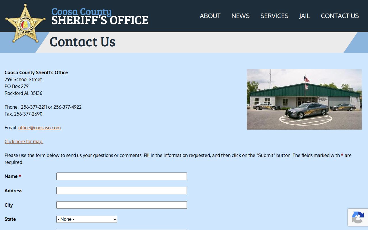 Coosa County Sheriff contact page for arrest record requests