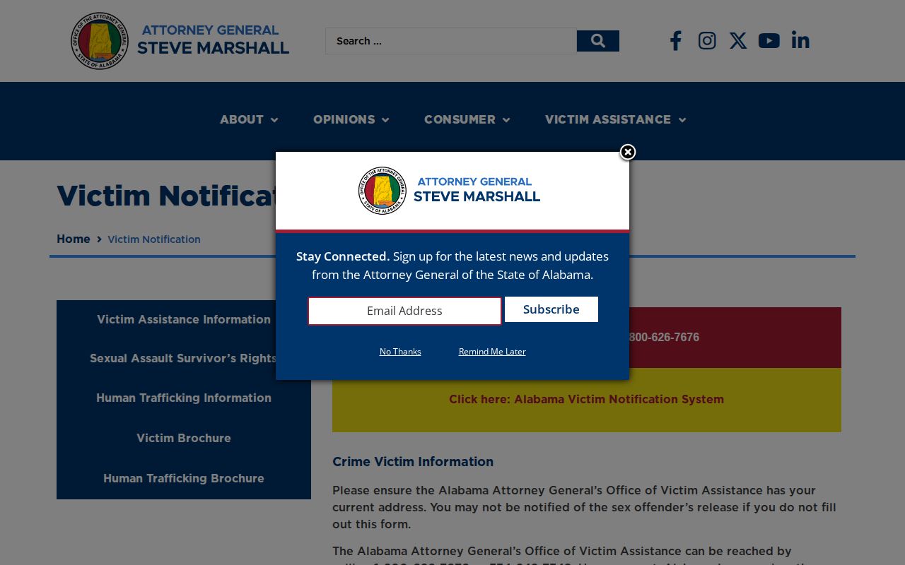 Alabama Attorney General victim notification page, a separate channel from Coosa jail VINE enrollment