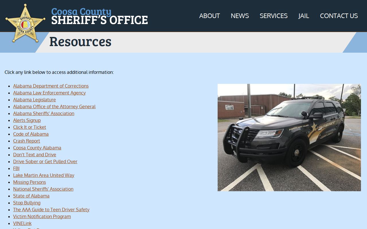Coosa County Sheriff resources page linking VINELink AlaVINE and related Alabama agencies