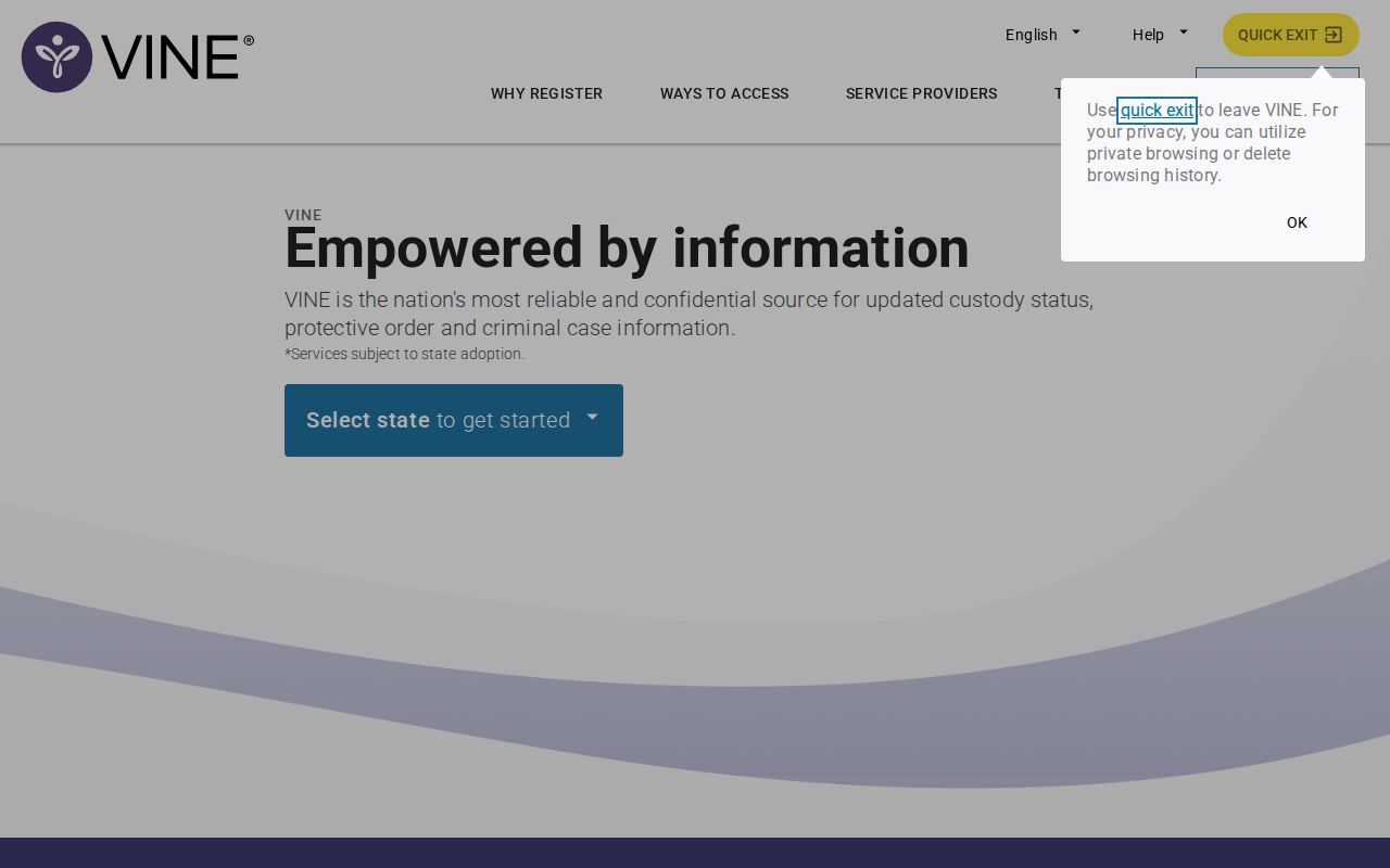 VINELink landing and registration entry used after an Alabama custody search