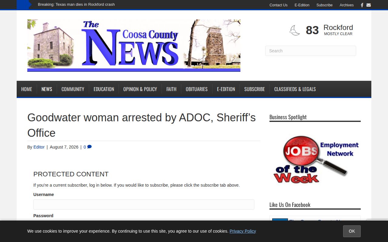 Coosa County News page on a Goodwater woman arrested by ADOC and the Sheriff